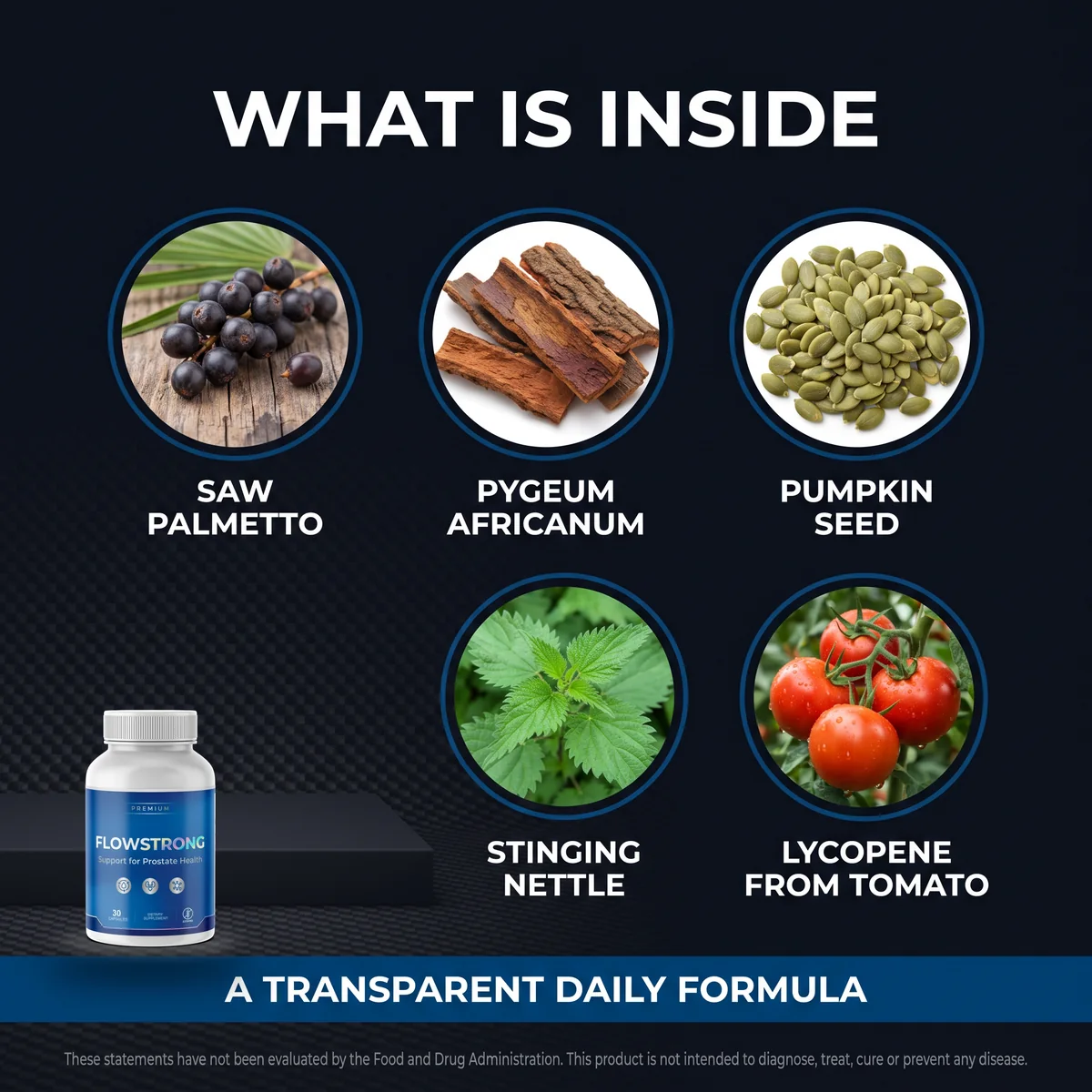 Flow Strong key ingredients: saw palmetto, pygeum africanum, pumpkin seed, stinging nettle and lycopene from tomato