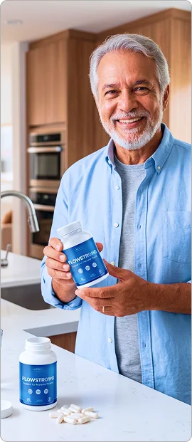 Man over 40 holding a bottle of Flow Strong in his kitchen