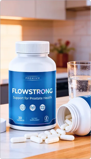 Flow Strong bottle beside a glass of water and veggie capsules on a kitchen counter